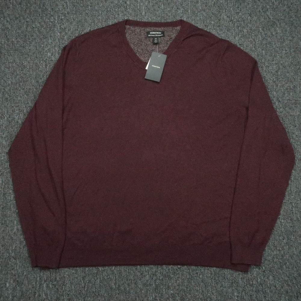 Nordstrom Sweater Mens XXL Red Burgundy Cotton Cashmere V Neck Pullover NWT‎